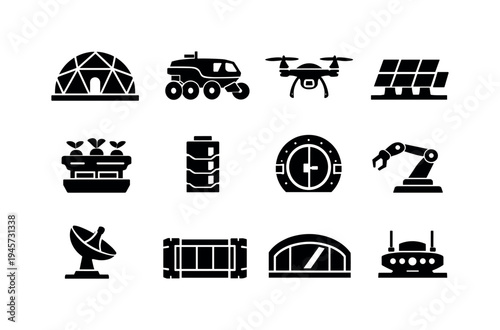 Space exploration and colonization icons: habitat, rover, drone, and more. A collection of black icons representing elements of space exploration and colonization, including a dome