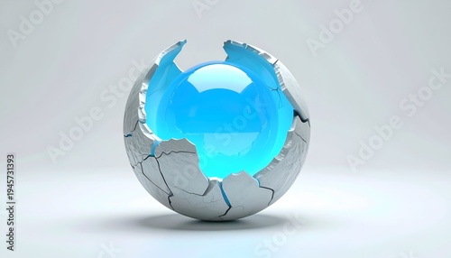 Abstract sphere with cracked shell revealing a glowing blue core.
