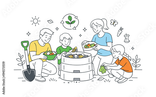 Family composting food scraps in a garden to promote sustainability and reduce waste. A happy family works together, adding organic materials to a compost bin, symbolizing
