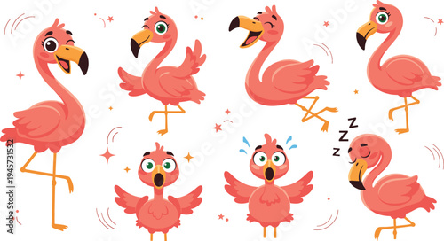 Cute Flamingo Cartoon Character Clipart Set with Happy, Dancing, Sleeping and Funny Flamingo Expressions for Kids, Stickers and Animal Designs