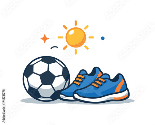 Active summer lifestyle and outdoor physical activity during warm sunny days, a bright sun above a classic soccer ball resting next to a simple pair of running shoes symbolizing seasonal