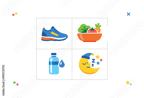 Healthy lifestyle icons: running, eating well, hydration, and sleep. A collection of simple, colorful icons representing key elements of a healthy lifestyle, including exercise