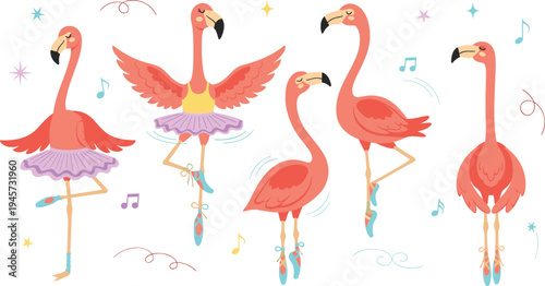 Cute Flamingo Ballerina Clipart Set with Dancing Flamingo Characters in Ballet Tutus and Pointe Shoes with Music Notes for Kids Designs