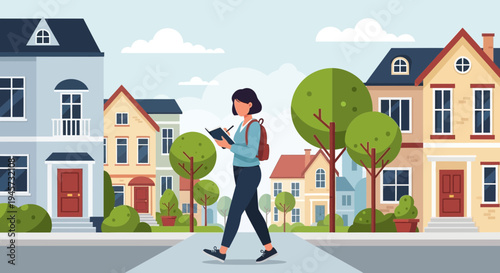 Focused student walking and studying in a vibrant city neighborhood street