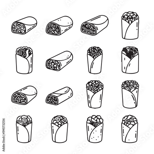 Hand Drawn Burritos and Wraps Collection Various Fillings Vector Icons Stock Art