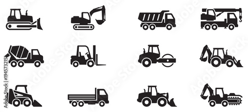 Set of construction machines. Construction transport icons. Collection of black construction vehicle icons including excavators bulldozers cranes and dump trucks isolated on white background.
