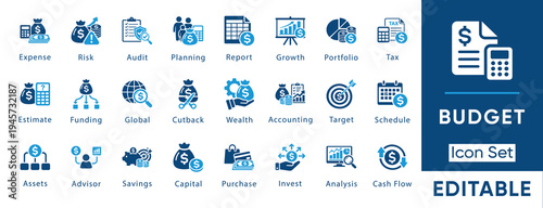Budget icon set. Containing expense, savings, tax, invest, wealth, accounting, growth, portfolio and more. Solid vector icons collection.