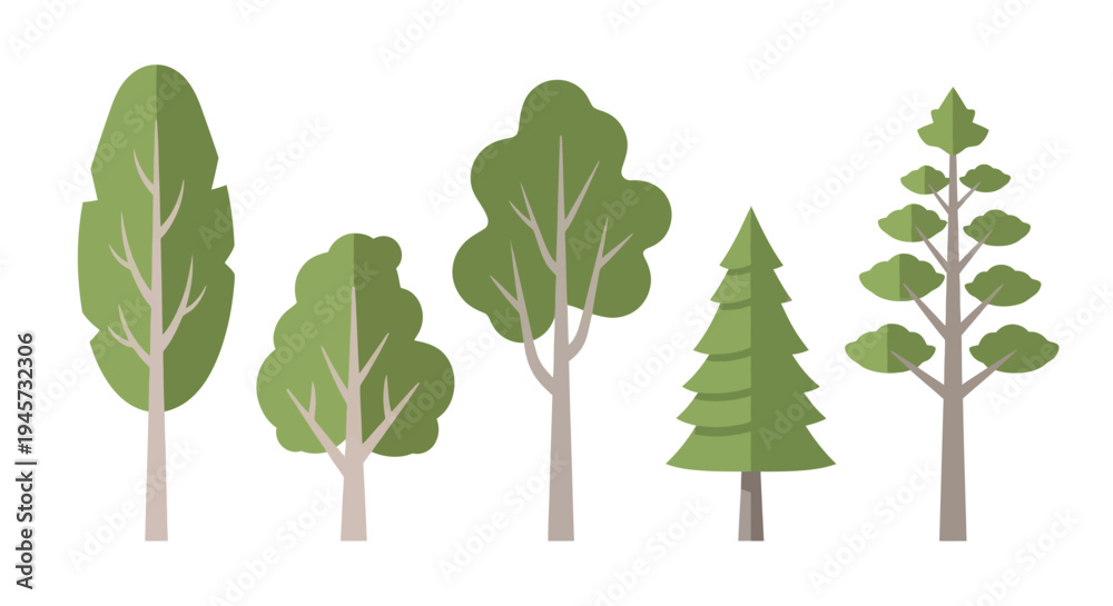 Fototapeta premium Flat Vector Tree Collection With Various Green Forest Species Designs