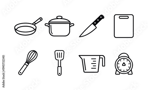 Cooking kitchen utensils: frying pan, cooking pot with lid, chef knife, cutting board, whisk mixer, spatula turner, measuring cup, kitchen timer