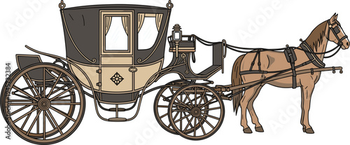 Vintage horse drawn carriage with wooden wheels and harnessed horse, classic historical transport vehicle vector illustration isolated on background