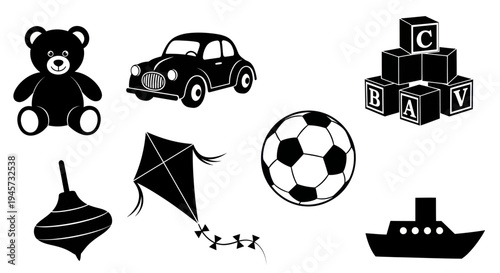 Children Retro Toy Icons Set With Teddy Bear Car Ball