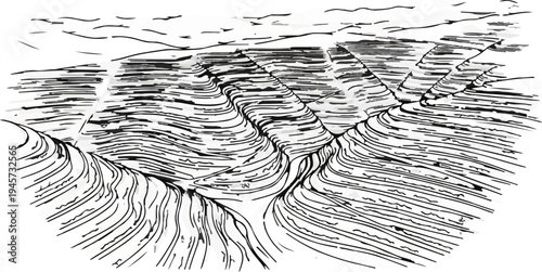 Stylized rendering of a vast, layered canyon landscape under a cloudy sky