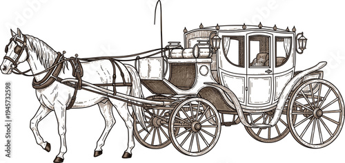 Antique horse drawn carriage illustration with detailed vintage coach and harnessed horse, historical transport vehicle vector engraving style