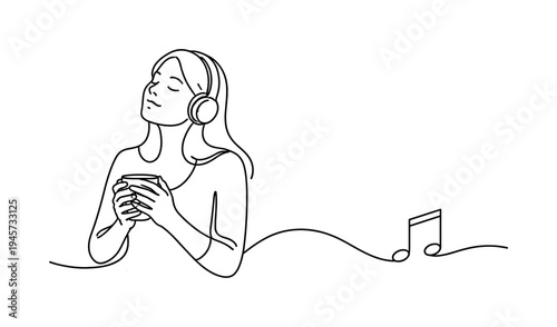 Woman enjoying music with headphones and a warm drink, minimalist line art. A serene woman with eyes closed wears headphones and holds a cup, with a musical note flowing from the