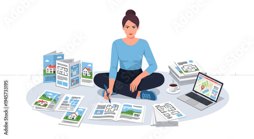 Woman Architect Designing House Plans and Marketing Materials