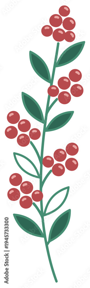 Obraz premium Berry branch with green leaves and red fruits in decorative botanical vector style