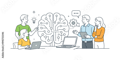 Team collaborates on artificial intelligence project with brain circuit diagram. Diverse group of people working together on a digital brain concept, discussing ideas and using
