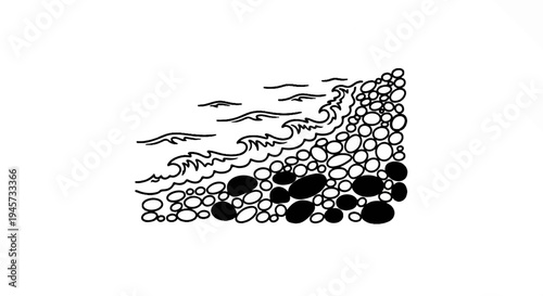 Stylized sketch of ocean waves meeting a pebbled shore