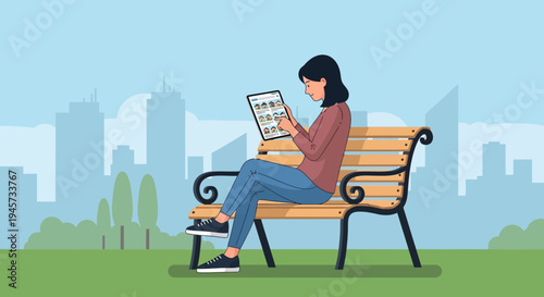 Woman Browsing Tablet on Park Bench with City Skyline
