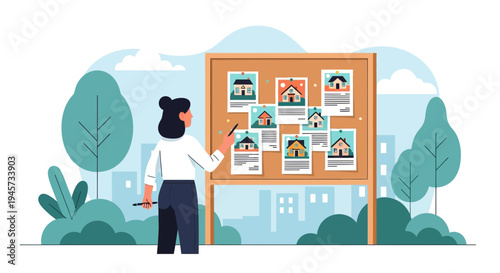 Woman choosing cartoon houses from bulletin board, real estate concept