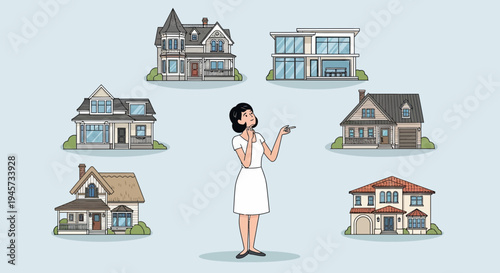 Woman Choosing Dream Home from Various House Styles in Illustration
