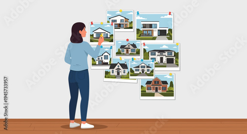 Woman Choosing Dream House from Photo Board, Home Buying Concept
