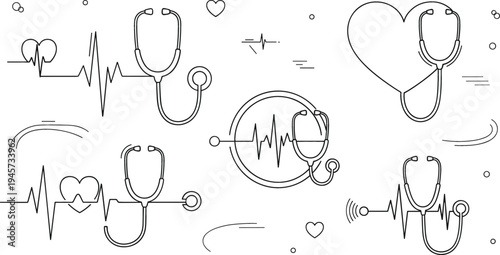 Stethoscope and Heartbeat Line Art Medical Icon Set with ECG Pulse Lines, Heart Shapes and Healthcare Symbols for Doctor and Clinic Designs