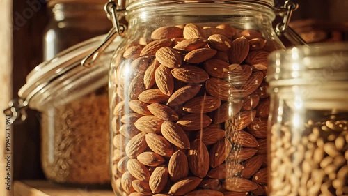 Close up of glass jars filled with various food items on wooden shelves