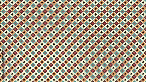 Colorful seamless pattern of playing card suits arranged in a diamond grid. Ideal for casino themes, poker graphics, textiles, wallpapers.