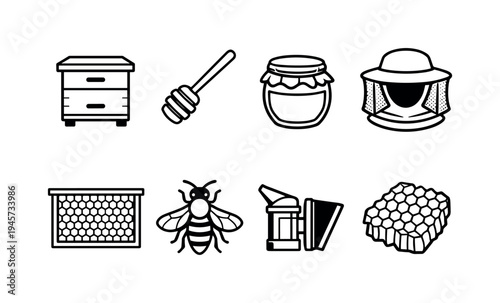Beekeeping icons set with hive, bee, honeycomb, and tools. A collection of black and white line art icons representing beekeeping equipment and elements, including a hive, bee