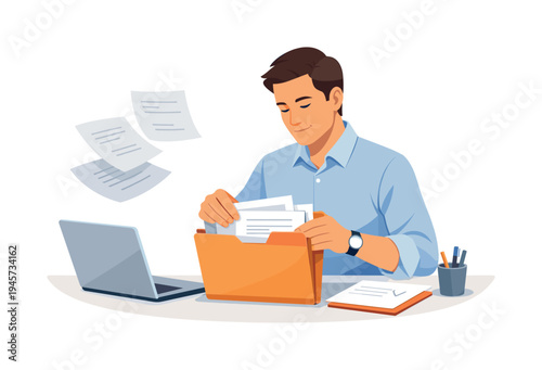 Man organizing documents in a folder at his desk with a laptop and papers flying. A man in a blue shirt is sorting through papers in an orange folder on his desk, with a laptop and