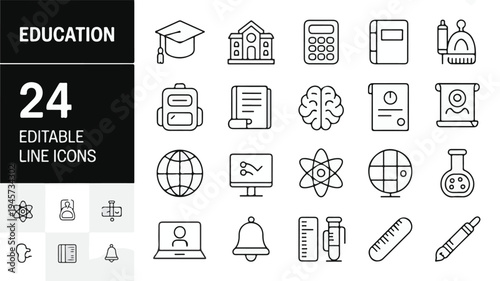 A collection of school and academic education line icons.
