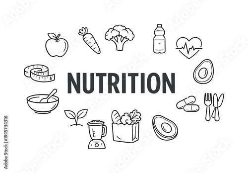 Nutrition concept with healthy food icons and symbols for wellness. A collection of hand-drawn icons representing healthy eating, diet, and overall well-being, centered around the