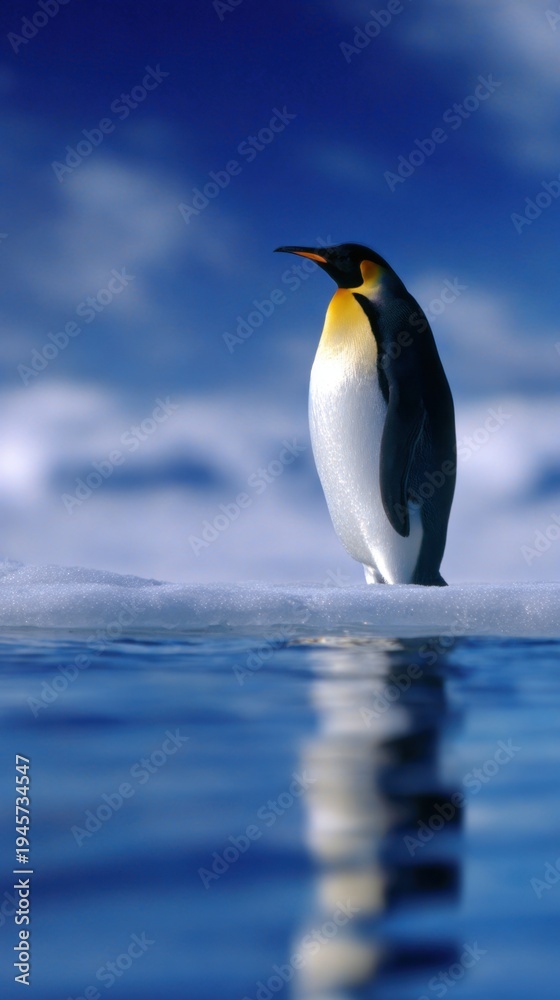 Obraz premium A solitary penguin stands on ice, reflecting in the calm water under a blue sky