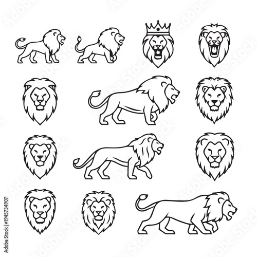 Lion Icons and Illustrations in Outline StyleSymbolizing Strength and Royalty