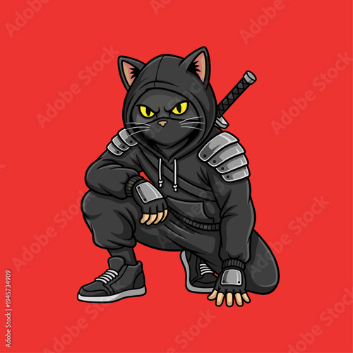 Cartoon Ninja Cat in Black Suit.