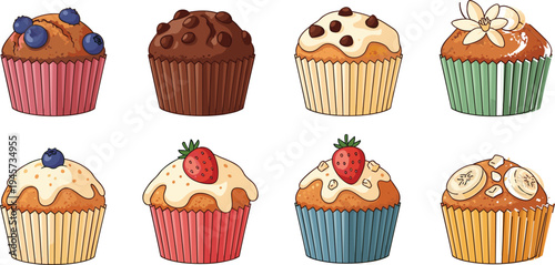 Cupcake dessert collection with fruit and chocolate toppings including blueberry, strawberry and banana muffins colorful bakery sweets vector illustration set