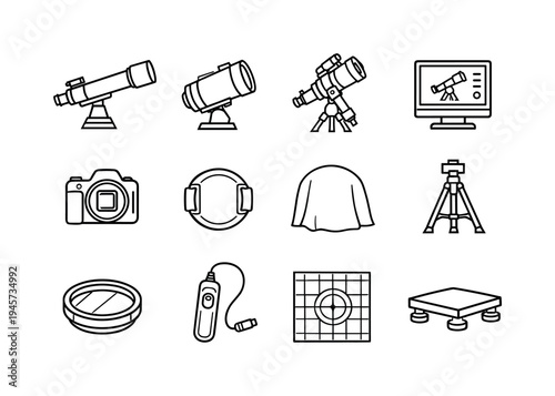 Astronomy and photography equipment icons for science and exploration. A collection of line art icons representing telescopes, cameras, tripods, and accessories for astronomical