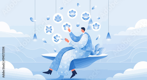 Creative Man Designing Abstract Flowers in Digital Space