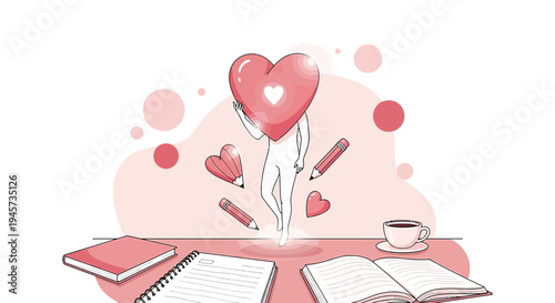 Creative Mind with Heart Symbol, Books, Pencils, and Coffee - Vector Illustration