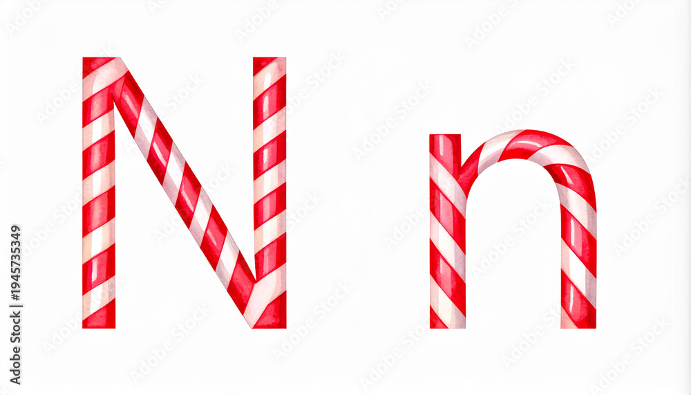 Obraz premium Candy cane capital and small letter N. Red and white striped letter on solid white background
