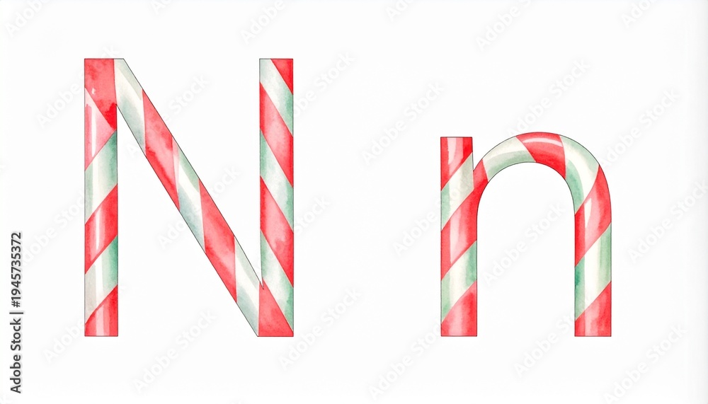 Fototapeta premium Candy cane capital and small letter N. Red and white striped letter on solid white background