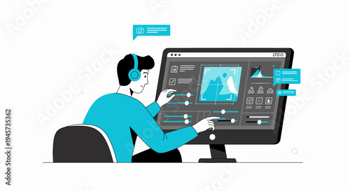 Creative Person Editing Photo on Computer with Headphones, Digital Art