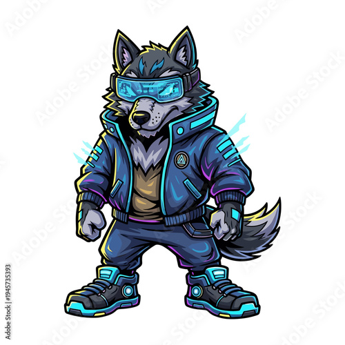 Cartoon wolf in futuristic clothing standing.