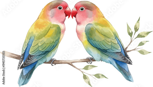 Two colorful birds sitting on a branch and kissing each other