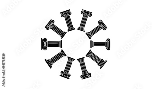 Minimal black column and pillar icon collection with sixteen classical architecture symbols in flat vector design