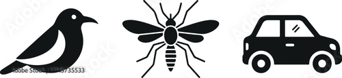 Bird silhouette, flying insect bug, and car vehicle icon vector set isolated on light background for wildlife, transportation, and design symbols