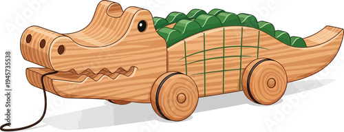 A wooden toy crocodile on wheels with a pull string