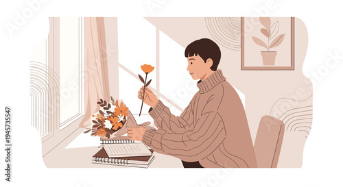 Creative Woman Arranging Flowers Indoors, Cozy Aesthetic Illustration