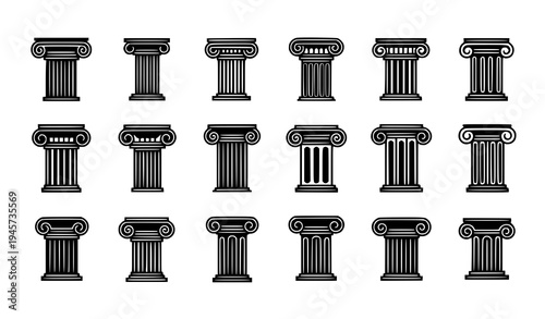Black and white classical column and pillar icon set featuring sixteen architectural order symbols in clean vector style